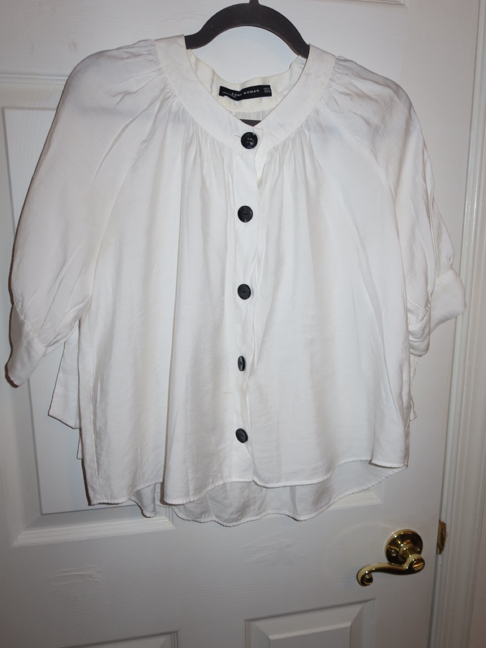 Zara White Button-Front Gathered Blouse with Black Buttons